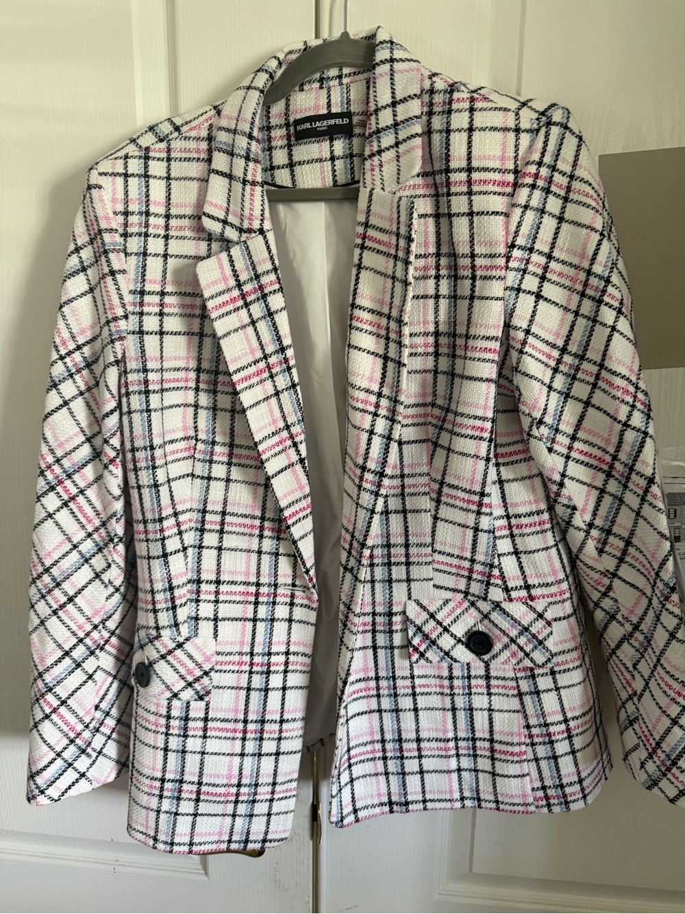 Karl Lagerfeld White Tweed Plaid Blazer with Black and Pink Accents